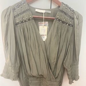 NWT Ramy Brook Olive Green Beaded Silk V-Neck Blouse Smocked Waist Small